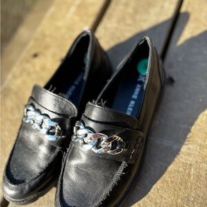 Black Leather Loafers with Silver Chain